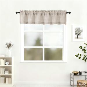 Lecloud Valance for Window 12 Inch Length, Light Filtering Faux Linen Textured Kitchen Curtains, Airy Short Drapes with Rod Pockets for Bathroom Basement Farmhouse, 60" W x 12" L 1 Panel, Linen Color