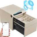 Jewelry Safe with DrawersBiometric Fingerprint safe, Slide-Away Handgun Safe for Pistols, Leather Wrapped Jewelry Storage Safe, Digital Keypad & Quick-Access Drawer(White- 2 Drawer)