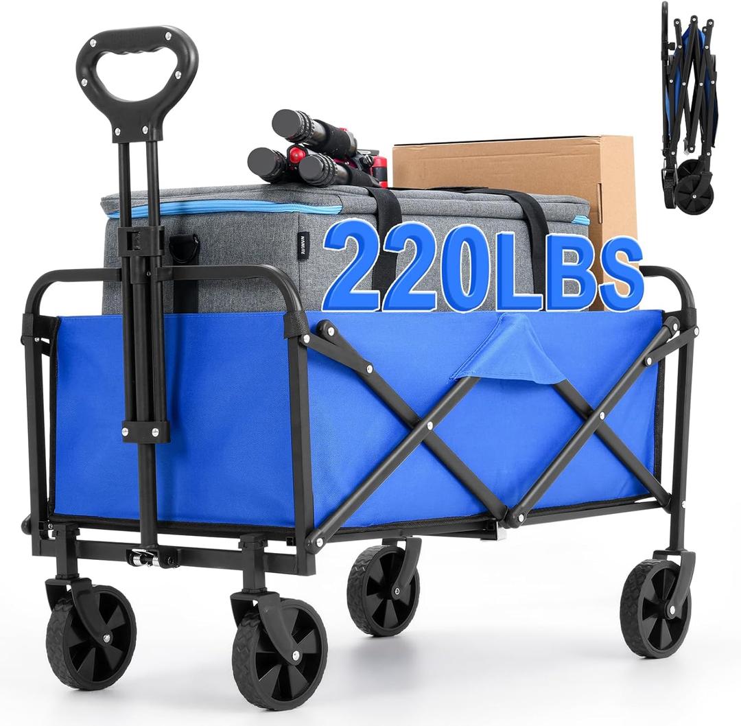 Collapsible Foldable Wagon,Wagons Carts Foldable with Wheels,Utility Grocery Folding Beach Wagon for Sand Garden Sports Shopping Outdoor(Lake Blue).