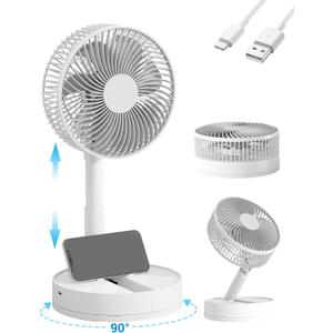 Desk Fan, 8-Inch Oscillating Portable Fan Rechargeable, 24H Run, 90 Rotate Small Fan for Bedroom, 4 Speeds8H Timer Quiet Mini Travel Fan, Battery Powered USB Fans for OfficeHome, White