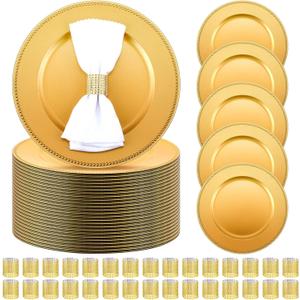 Tanlade 100 Pcs Charger Plates Bulk with Napkin Rings Set Include 50 Plastic Beaded Plate Chargers 50 Napkin Rings 13'' Round Dinner Plate Chargers Set for Table Setting Wedding Party(Gold)