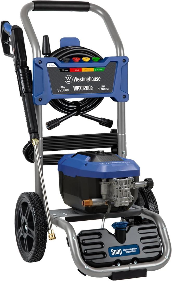 Westinghouse WPX3200e Electric Pressure Washer, 3200 Max PSI and 1.76 Max GPM, Universal Motor, Onboard Soap Tank, Spray Gun and Wand, 5 Nozzle Set, for Cars/Fences/Driveways/Homes/Patios/Furniture