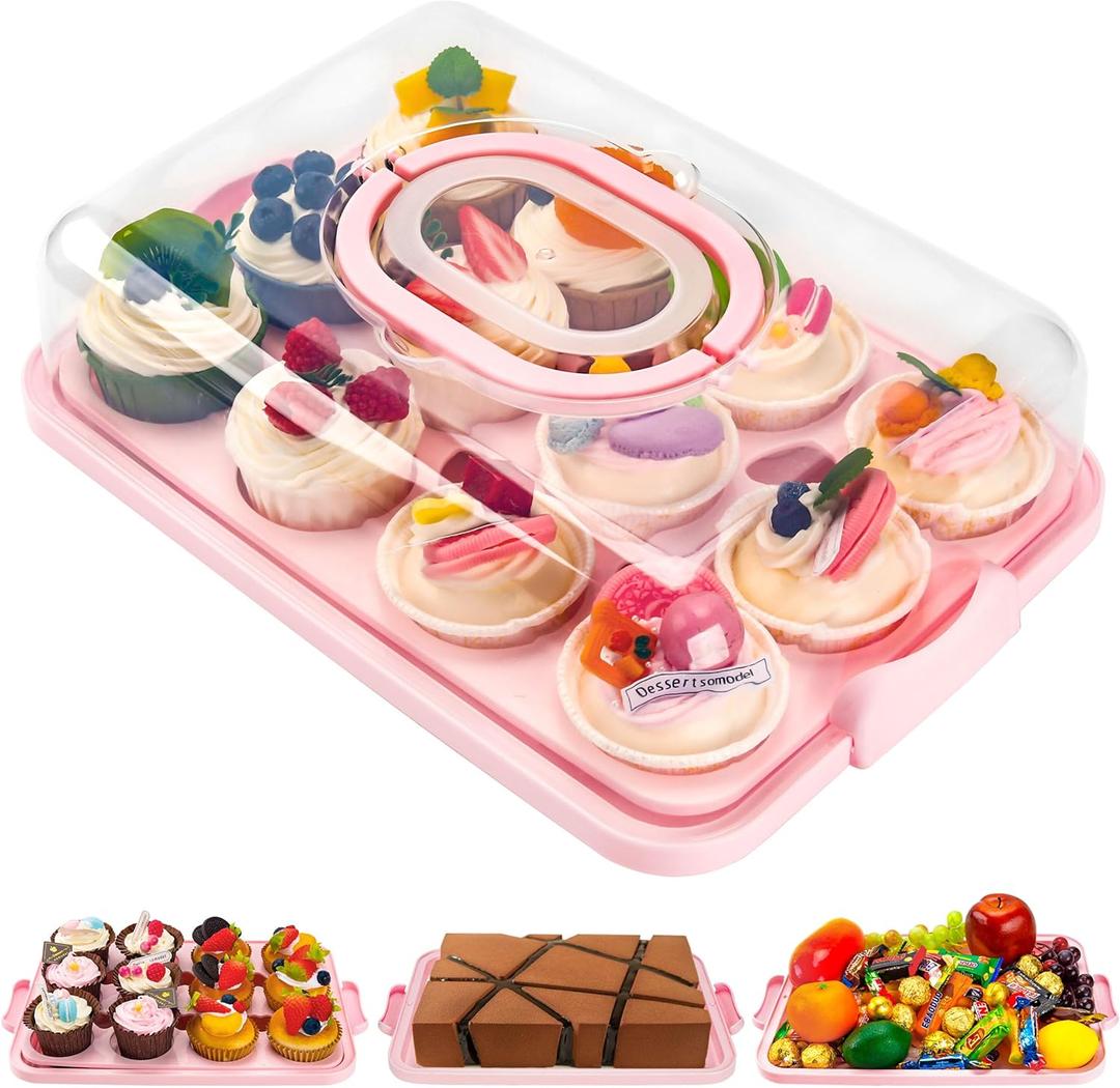 NPLUX Cupcake Containers with Lid Rectangular Cake Carrier 3-in-1 Multipurpose Cupcake Holder for Muffins Pies Sweets Pastries Fruit or Snacks(Pink, 13" x 9" x 4")
