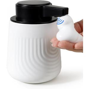 BosilunLife Ceramic Automatic Soap Dispenser with Extended Pump Nozzle, 3 Adjustable Levels, Touchless Foam Hand Wash Foaming Dispenser for Bathroom & Kitchen, Embossed Wave Design, White, 10oz