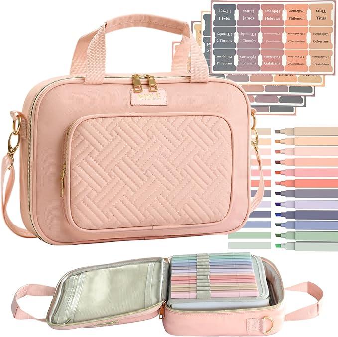 Bible Cover Case for Women, Large Bible Bag w/Shoulder Strap, Bible Study Supplies Journaling Kit Pink Book Carrying Case with Pastel Highlighter Tabs, Valentines Day Christian Gifts for Women Her Mom