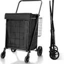 Folding Shopping Cart with Waterproof Liner, Grocery Cart Large Bag with Top Cover, 340 Lb Capacity, Utility Cart with 360 Rolling Swivel Wheels, Large & Extra Basket (L+ Basket, Cart+liner)