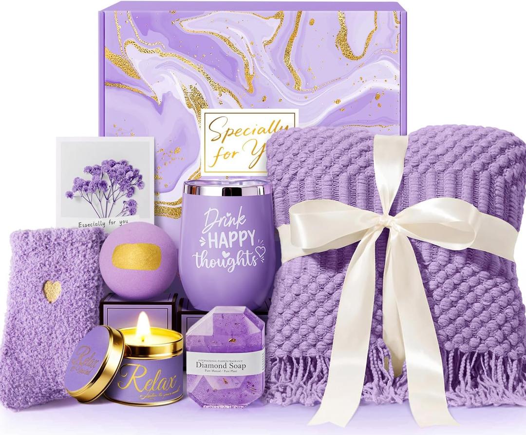 Mothers Day Gifts for Mom Wife Grandma Daughter Sister Friends, Self Care Get Well Gifts, Lavender Relaxing Spa Gift Basket Care Package w/Blanket, Birthday Gifts for Women Her Girlfriend Aunt Teacher