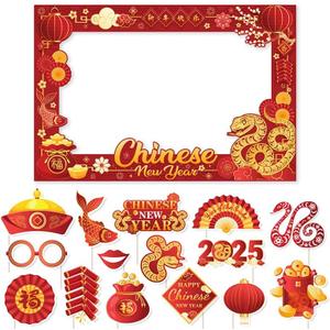 2025 Chinese New Year Photo Booth Props Frame, 16pcs Lunar New Year Spring Festival Photo Props Set with Sticks, Year of The Snake Party Decoration for Asian Chinese New Year Festival