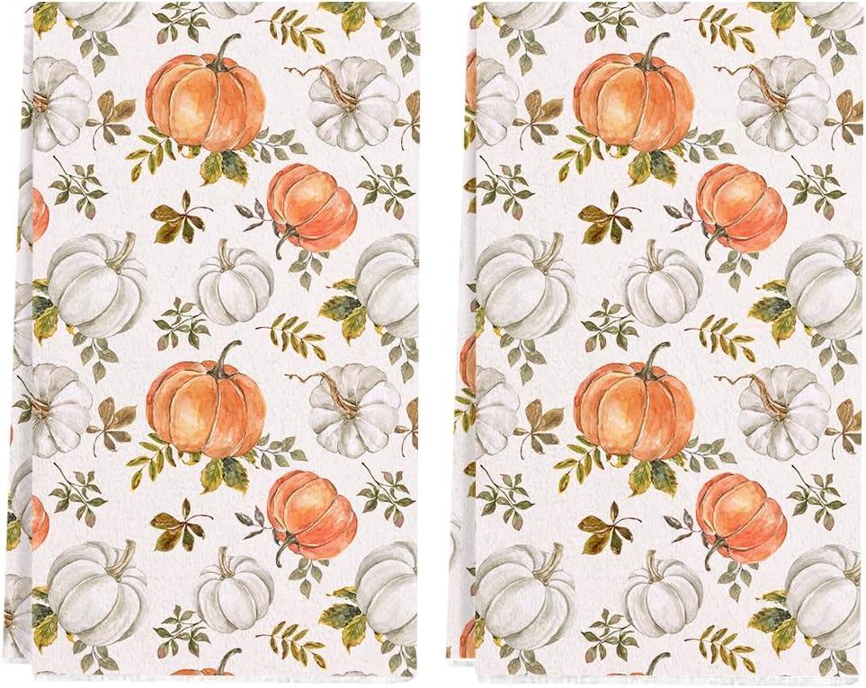 Fall Pumpkin Kitchen Towel 18x26 Inch,Orange White Maple Leaves Dish Towels Hand Towels for Harvest Autumn Thanksgiving Home Kitchen Decoration (Set of 2)