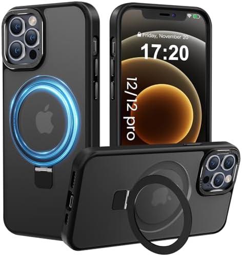 PuyaTeya Compatible with iPhone 12/12 pro Case with Magnetic Ring Stand, Military Drop Protection, Anti-Scratch/Anti-Fingerprint Translucent Matte Phone Case for iPhone 12/12 pro (Black)