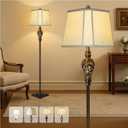 Vintage Floor Lamp with Night Light, 65" Retro Standing Lamp with Brown Finish and Beige Faux Silk Shade, Farmhouse Industrial Design Tall Lamp for Living Room Bedroom Bedside Corner (Bulb Included) (Brown-No Tray)