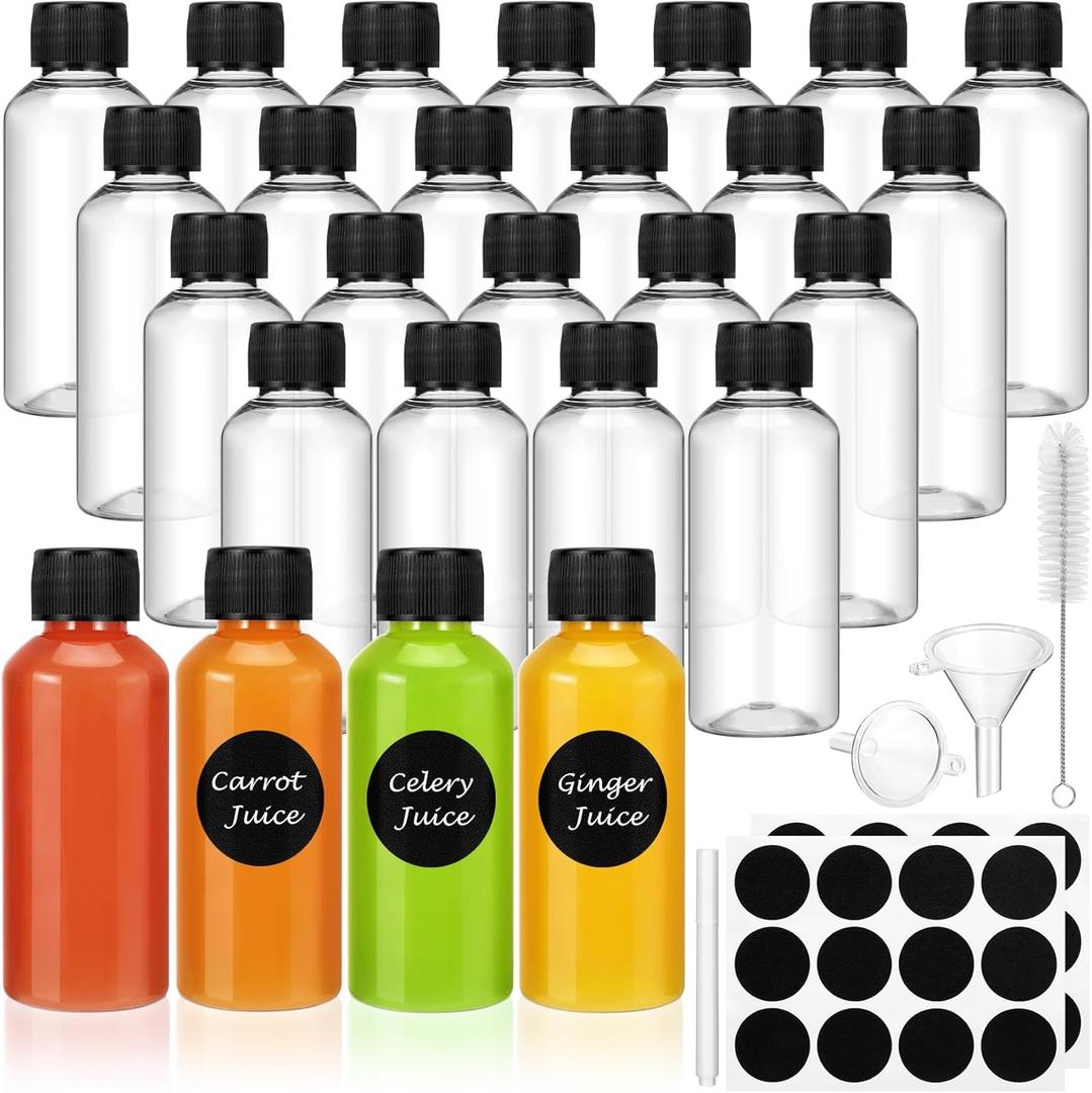 16 Pack 2 oz Shot Bottles with Caps, Mini Reusable Plastic Ginger Shots Bottle Leakproof Juice Shot Bottles with Lids for Juice, Oil and Liquid Samples, Small Containers for DIY, Travel