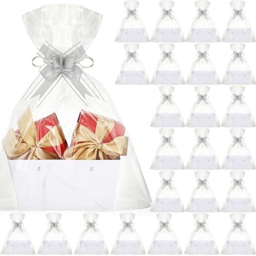 PerKoop 24 Pack Baskets for Gifts Bulk DIY Empty Gift Basket with Handles Kraft Cardboard Tray 24 Bags 24 Bows for Bridal Shower Graduation Wedding Birthday, 6. 5 x 9. 8 Inch(White)