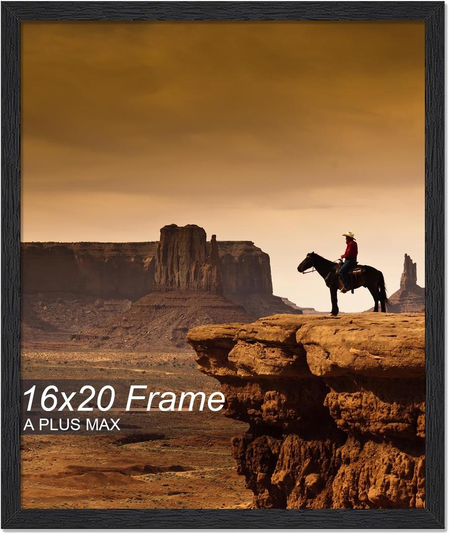 A PLUS MAX 16x20 Picture Frame, Black Engineered Wood Frame for 16 x 20 Inch Picture Poster Photo, Light Weight 16 by 20 Frame with Wood-grain for Wall - 1 Pack/Black/16 x20