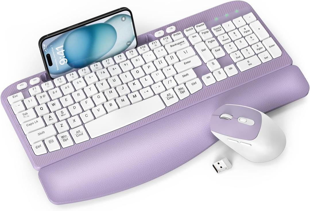 Wireless Keyboard and Mouse Combo, Wave Keys Full-Sized Ergonomic Keyboard with Cushioned Plam Rest, Phone Holder, Comfortable Natural Typing, 2.4G Cordless Set for Computer, Laptop, Pc, Mac, Windows (Purple)
