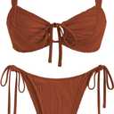 ZAFUL Women's Cinched Bikini Solid Color Wave Textured Knotted Tied Side Two Piece Swimsuit Bathing Suits (1-caramel), S