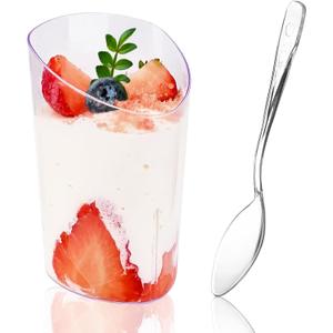 50 Pack Plastic Dessert Cups with Spoons, 3 oz Clear Mini Parfait Appetizer Cups, Reusable Slanted Triangle Shooter Serving bowls for Tasting, Small Dessert Shot Glasses