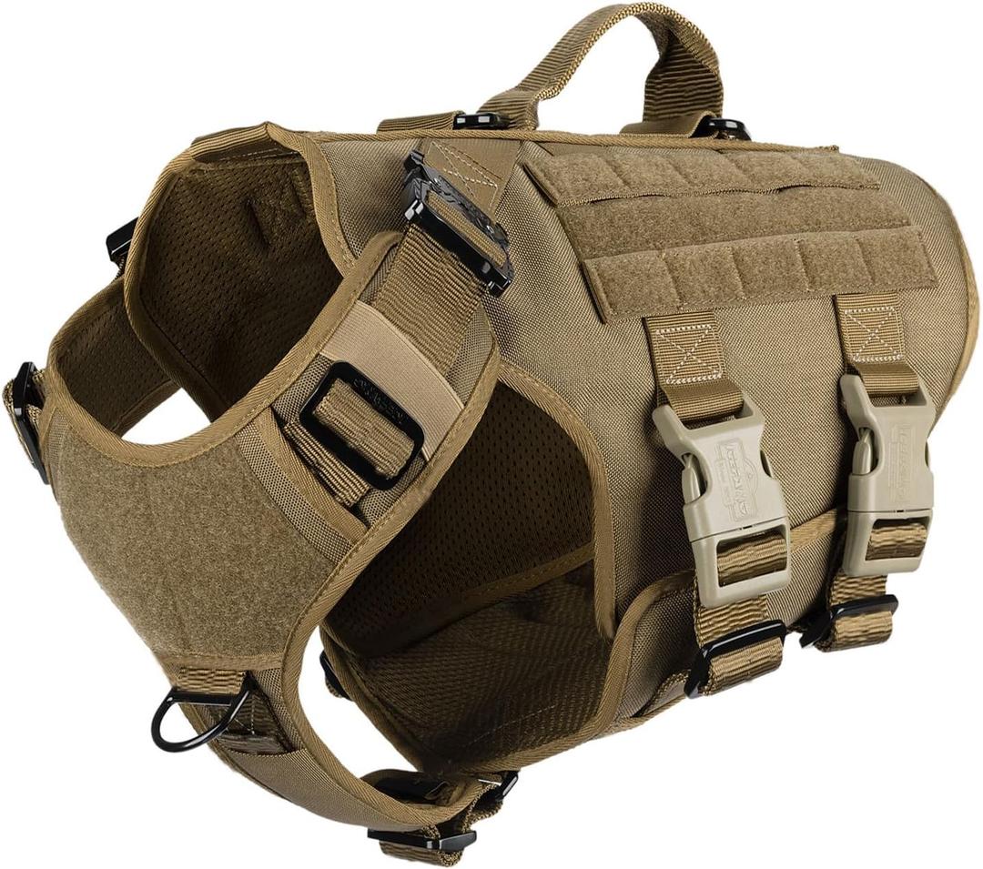 ICEFANG No Pull Tactical Dog Harness for Large Dogs, Adjustable Dog Vest Control Handle, MOLLE Panel, Front Hook, 3 Leash Clips, Soft Padded,for walking training, Brown, Large