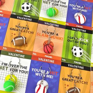 Sports Valentines Day Cards Gifts for Kids School Classroom -28 Pack, PVC Sports Ball Keychains with Exchange Cards for Toddler Boy Girl, Valentines Class Party Favors Goodie Treat Bag Stuffer Prizes