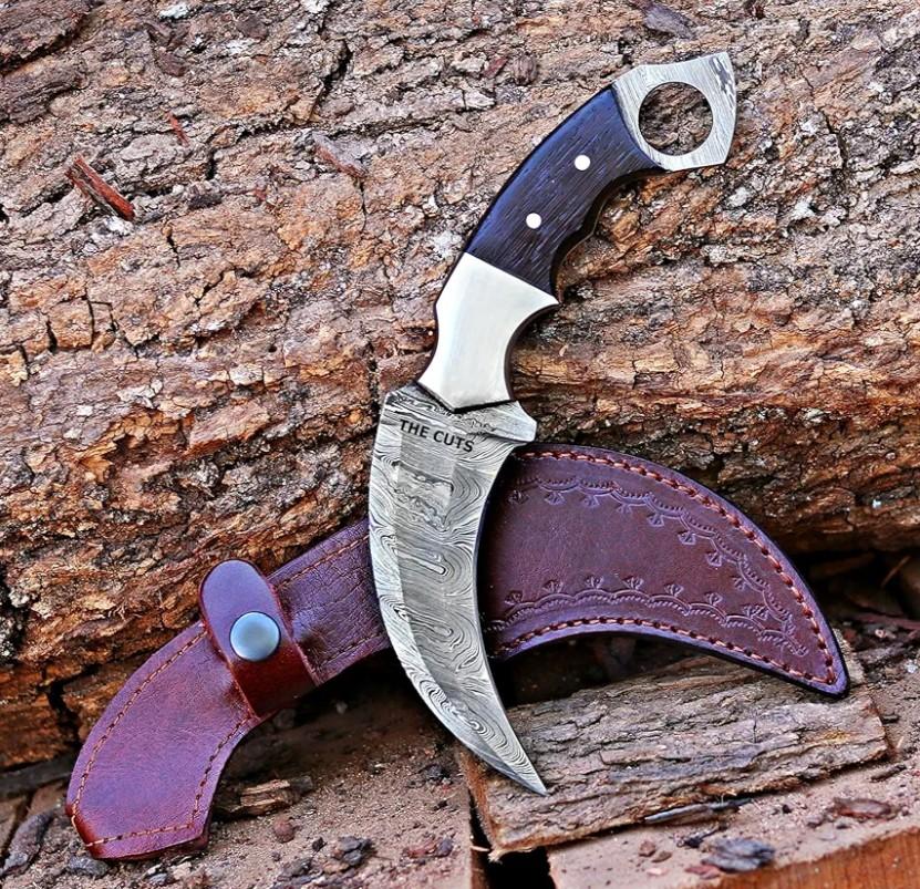 THE CUTS Damascus steel Handmade hunting Knife, Survival claw Tactical teeth Knife Double edged sharp, Fixed Blade Knife With Sheath, Curved knife