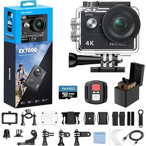 AKASO EK7000 4K30fps Action Camera with 64GB MicroSDXC U3 Memory Card Accessories Kit Bundle Ultra HD 131FT Waterproof Underwater Camera EIS WiFi Remote Control 4X Zoom, Black