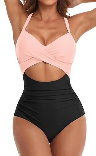 Eomenie Women's One Piece Swimsuits Tummy Control Cutout High Waisted Bathing Suit Wrap Tie Back 1 Piece Swimsuit Black Pink, Size S