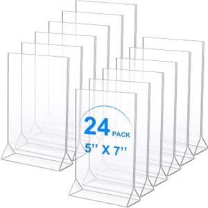 Yulejo 24 Pack Acrylic Sign Holder, Plastic Clear Table Display Holder Double Sided Menu Display Stands T Shaped Card Picture Frames for Office, Weddings, Meetings, Hotels (5 x 7 Inches)