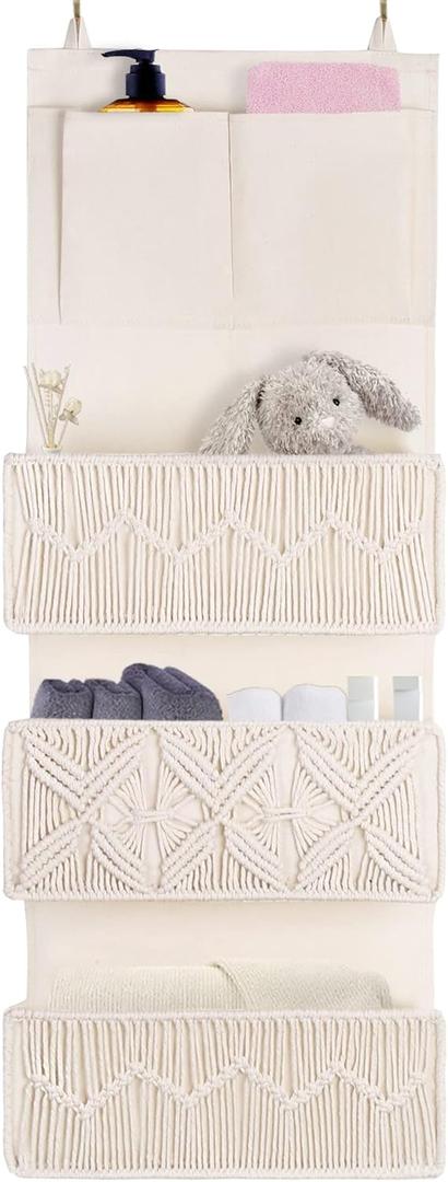 FEILANDUO Over The Door Organizer Boho Macrame Closet Organizers and Storage with 3 Large Woven Pockets Behind Door Organizer for Nursery, Pantry, Bathroom, Bedroom, Dorm (Ivory)