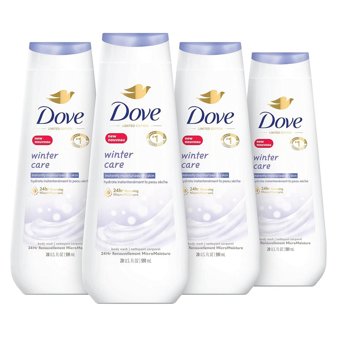 Dove Limited Edition Body Wash Winter Care 4 Count for Healthy-Looking Skin with 24hr Renewing MicroMoisture Gentle Skin Cleanser Instantly Moisturizes Dry Skin 20 oz