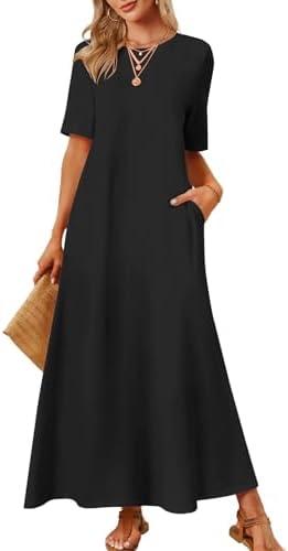 MEROKEETY Women's 2025 Summer Maxi Dress Casual Short Sleeve Beach Vacation Crewneck Basic Long T Shirt Dresses XXL