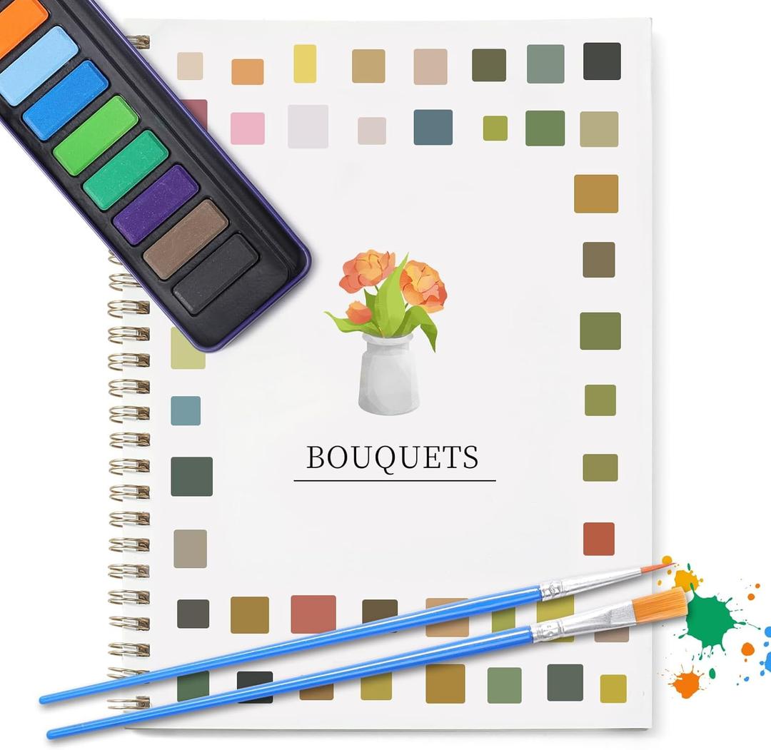 Dancart Watercolor Kit with Outlines, 12 Colors Rustproof Box, 3 Brushes & Multi-Theme Painting Kit for Teens & Adults (Pink flower)