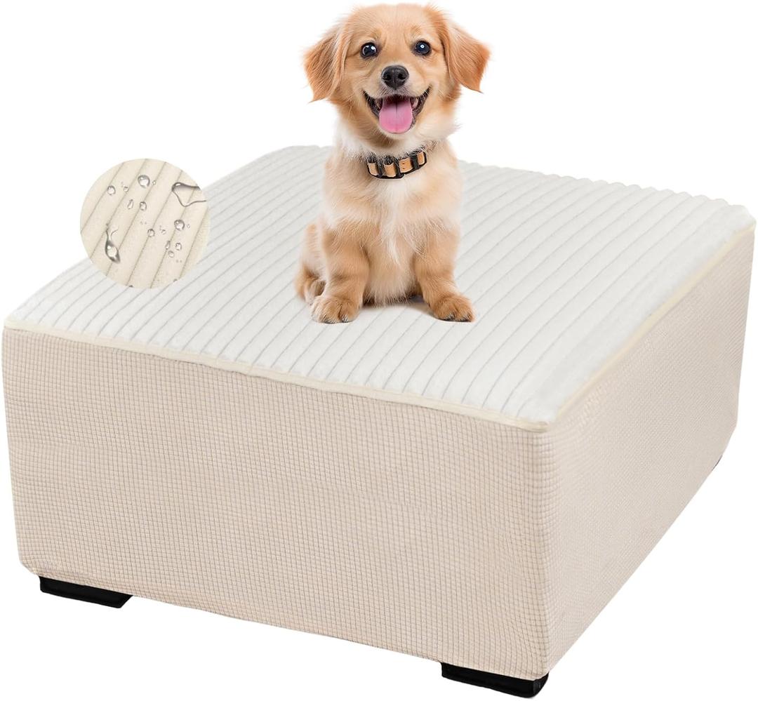 FUANGUI Ottoman Cover Square,Waterproof Thick Slipcover for Living Room, Washable Storage Footstool Furniture Protector for Dogs, Pets,with Nonslip Elastic Bottom, Off-White, XX-Large