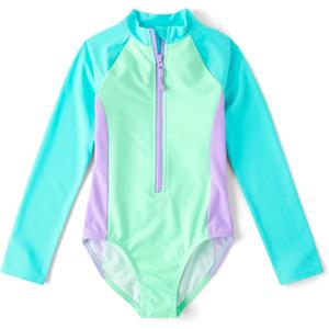 The Children's Place Girls' Long Sleeve Half Zip One Piece Rashguard Swimsuit (X-Large, Neon Mint)