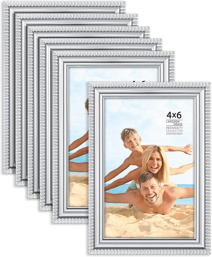 Langdon House - 4x6 Picture Frames - Silver, 6 Pack - Contemporary Frame Set - Wall Mount or Table Top - Prosperity Collection