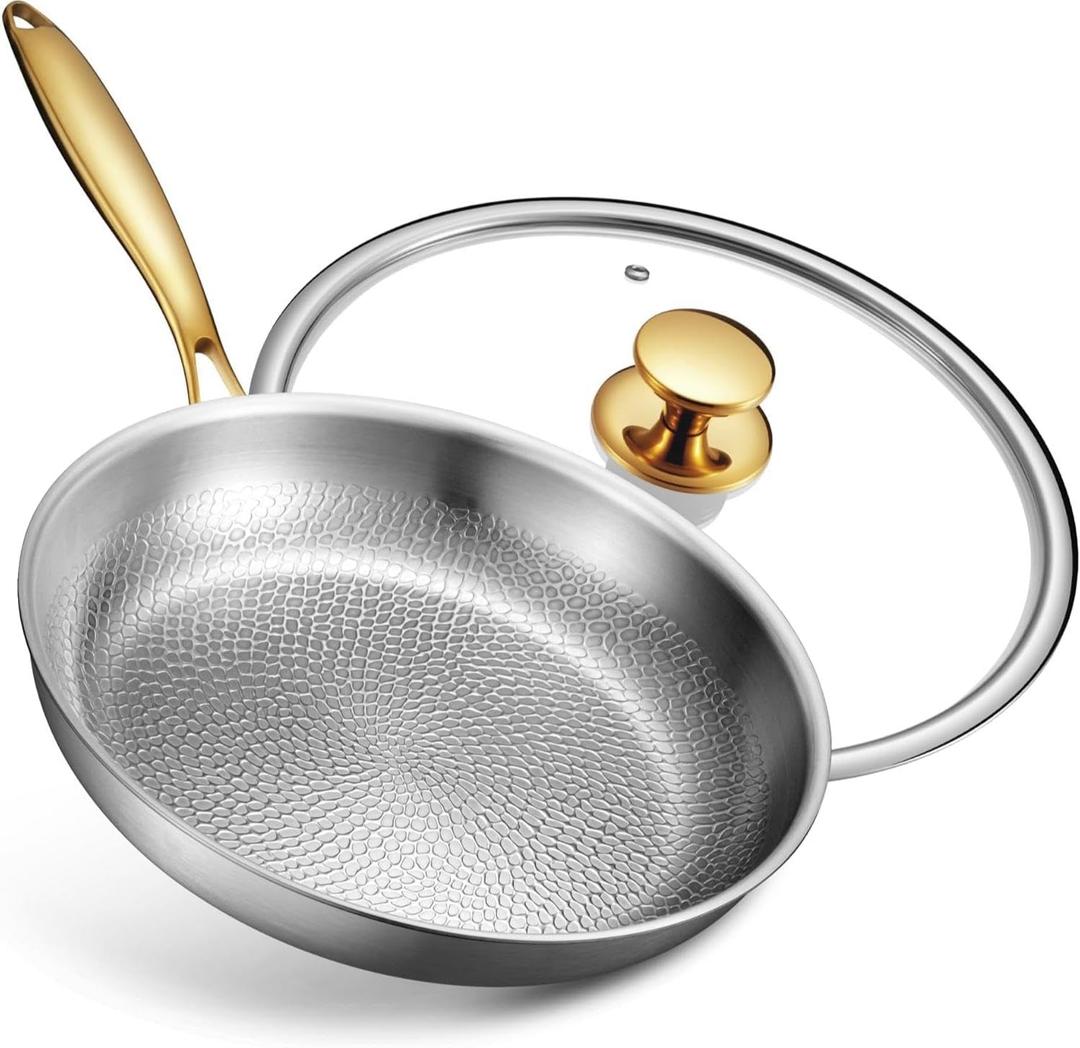 Titanium Pans with Lid | 12'' Pure Tagine Titanium Skillet | Hammered Chef-Grade Design for Cooking | PFAS/PFOA/PTFE-Free | Induction & Oven-Safe