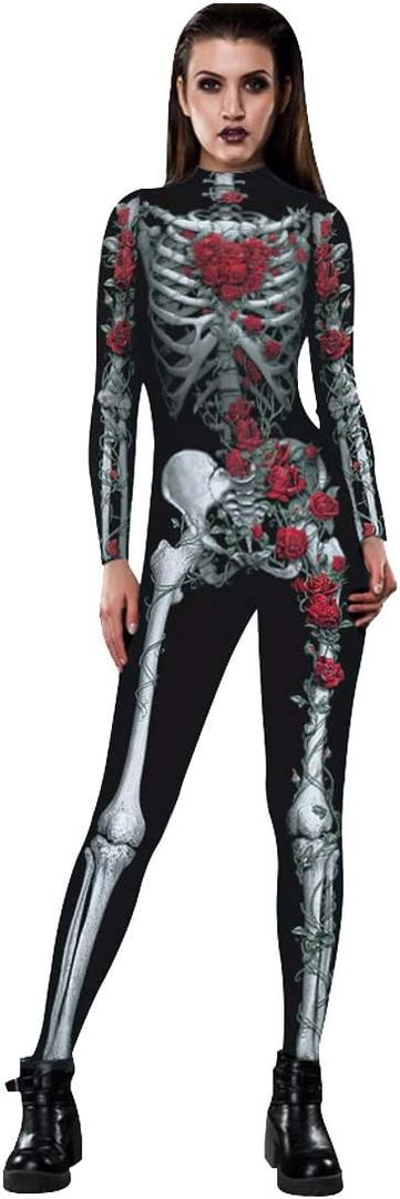 Honeystore Women's Skeleton Halloween Costume Catsuit Bodysuit Cosplay Jumpsuits (Black, S)