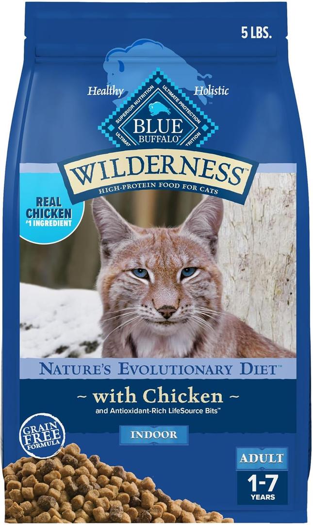 Blue Buffalo Wilderness Natural Adult Dry Cat Food Indoor Cats, High-Protein & Grain-Free, Chicken, 5-lb. Bag BBD:01-22-27