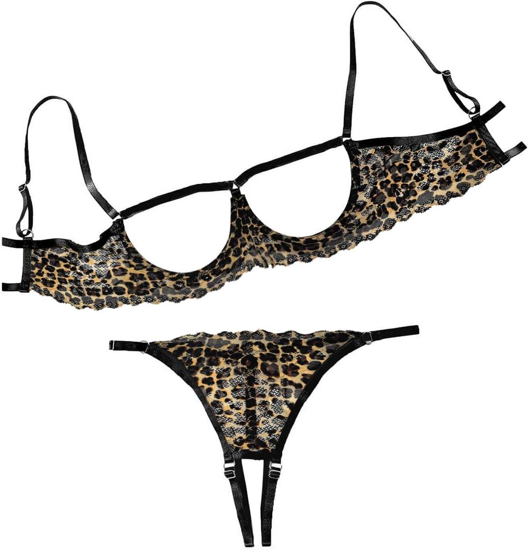Lilosy Sexy Underwire Floral Lace Sheer Lingerie Set for Women See Through Bra and Panty 2 Piece (Medium, Leopard)