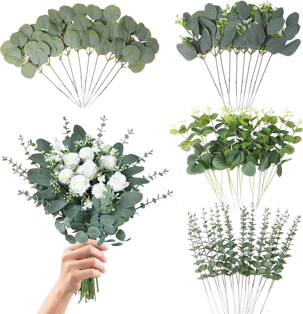 Eucalyptus Leaves Stems 60 PCS, 4 Kinds Mixed Artificial Greenery Stems for Wedding Decor Vase Floral Arrangement Centerpiece