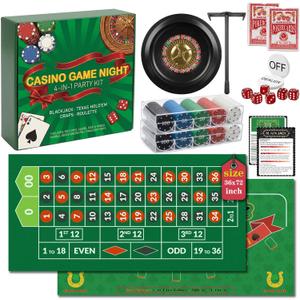 Casino Night 4-in-1 Complete Game Set with 2 Double-Sided Felt Layout Mats (36"x72"), 10" Roulette Wheel, 200 Chips, Cards, Dealer Button & Dice - Includes Texas Hold'em Poker, Blackjack, Craps