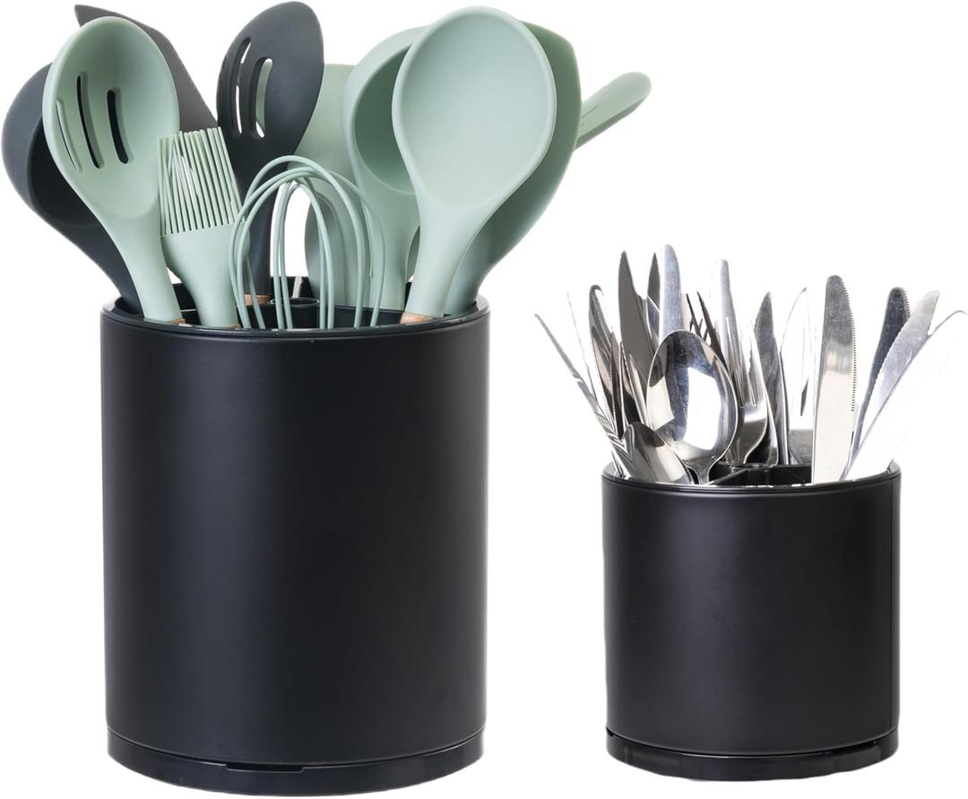 LIBODOUR Kitchen Utensil Holder Extra Large Rotating For Counter Organizer Stainless Steel Storage Cooking Silverware Caddy 3 Compartment Flatware Spoon Spatula Tool Cutlery Container 2 Set Black
