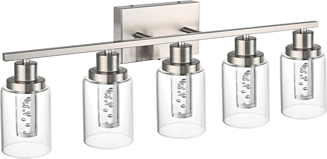MELUCEE Bathroom Vanity Light Fixtures 5-Light Modern LED Vanity Lights for Bathroom Brushed Nickel with Crystal Bubble Clear Glass Shade, Dimmable Wall Light 3000K-6000K, Built-in LED Chips