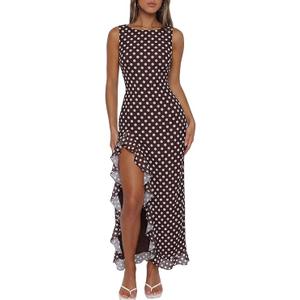 UNCOOYEE Women Sexy High Slit Mesh Ruffle Mermaid Maxi Dress Sleeveless Bodycon Wedding Guest Cocktail Party Dress, Medium 