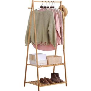 Bamboo Clothing Rack with Top Hanging Garment Rod, 2 Side Hooks & Bottom 2-Tier Shelves  Space-Saving Organizer for Clothes, Hats, Bags & Shoes