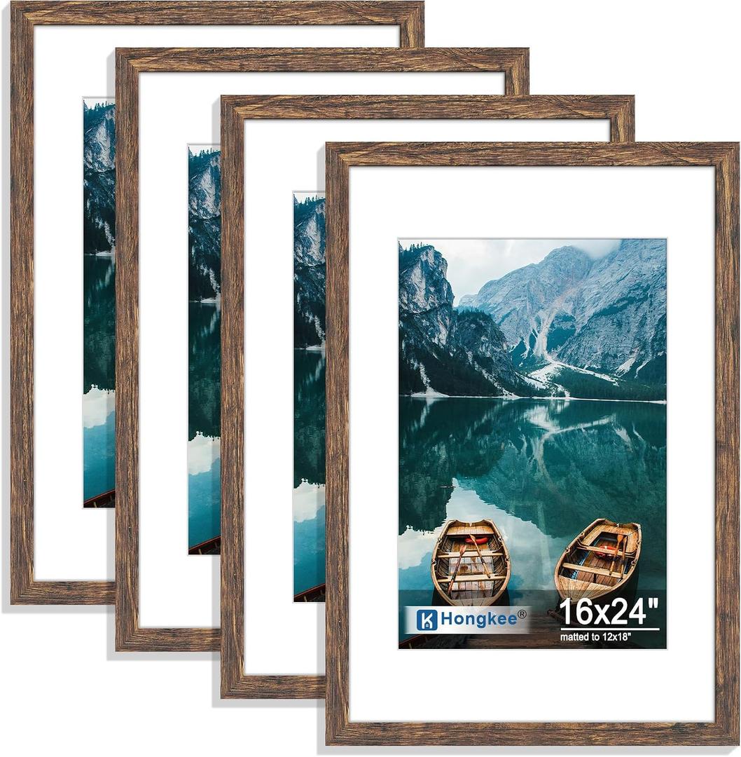 Hongkee 16x24 Frame Set of 4, 16 x 24 Rustic Brown Wood Style(Mat 12x18), 16X24 in