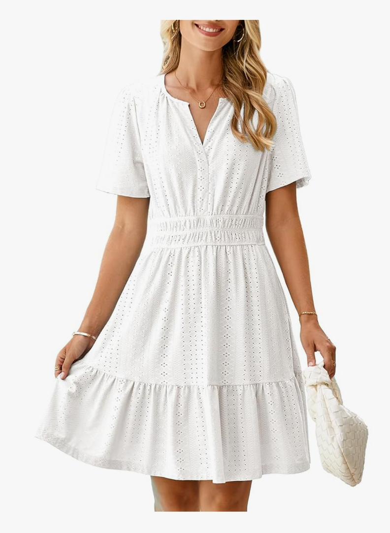 Simplee Womens 2025 Summer Mini Dress Eyelet Short Sleeve Cocktail Short Dresses Cute A Line Sun Dress with Pockets(White M)