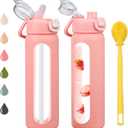 24 oz Glass Water Bottles with 2 Lids-Handle Spout Lid & Straw Lid, Motivational Water Bottle with Time Marker and Silicone Sleeve,Leakproof-Pink-1 Pack