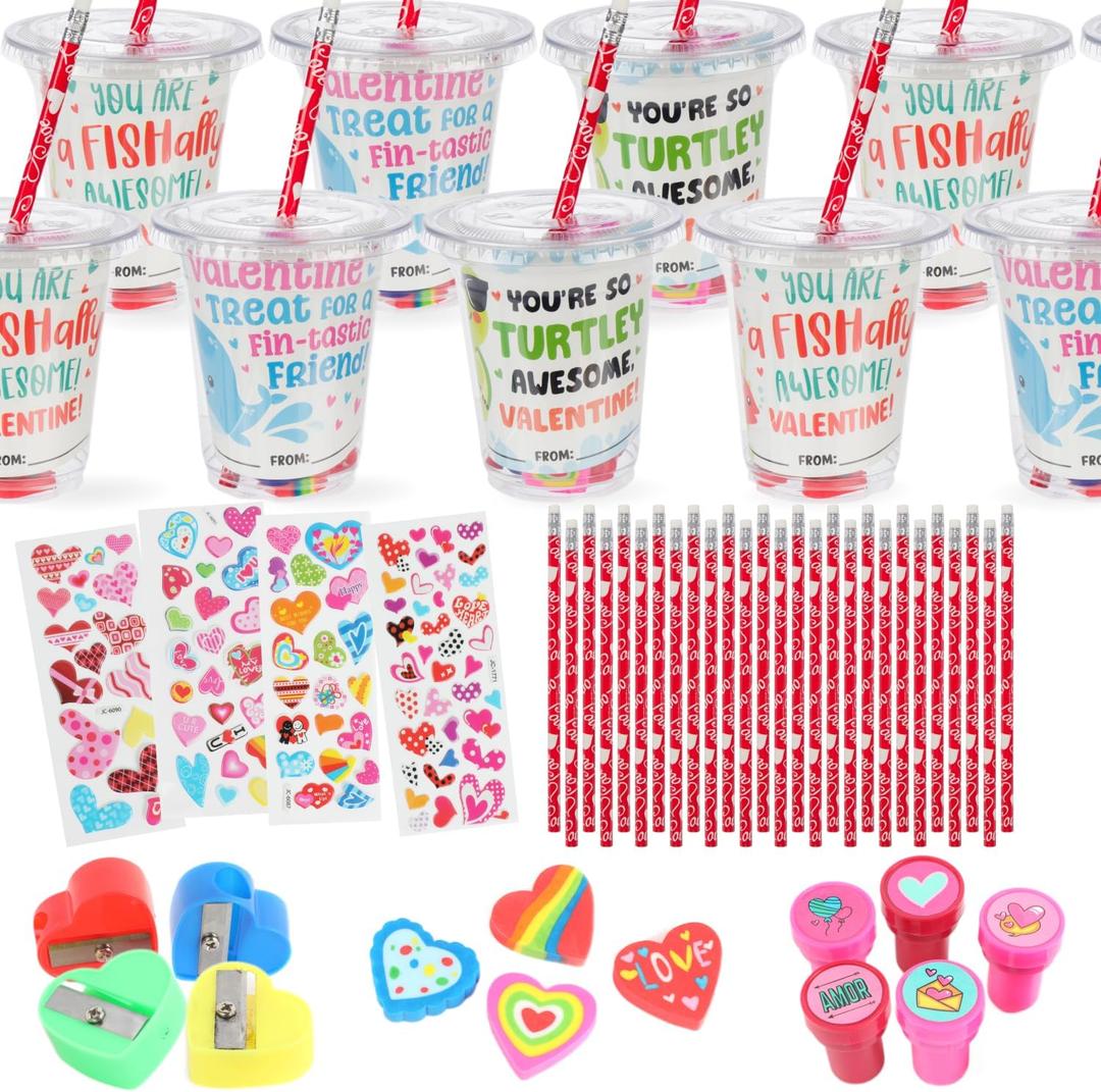 30-Pack Valentine's Day Gifts for Kids - Stationary & Cup Set with Valentines Day Cards for Kids School Classroom - Party Favors