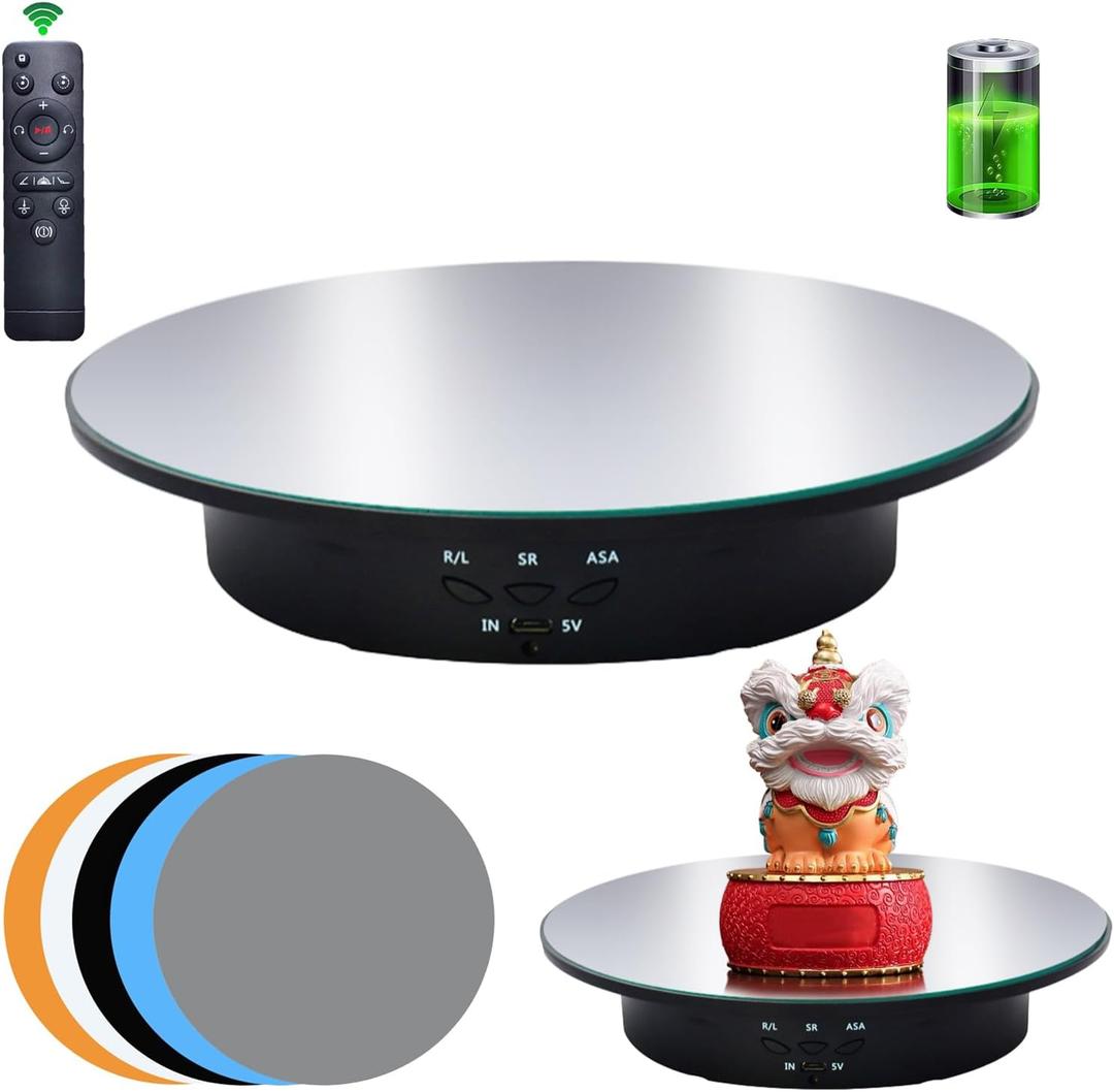 JAYEGT Motorized Rotating Display Stand, 7.87inch /17.6lbs Load, 360 Degree Electric Rotating Turntable for Photography ProductsJewelrywith 5 Colors Backgrounds , Mirror Cover (Black/Remote Control)