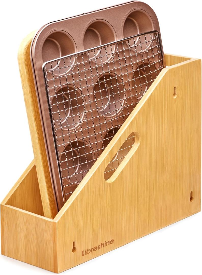 Slim Bamboo Cutting Board Holder & Baking Sheet Organizer, Open-Front Pan & Lid Rack with Handles, Countertop or No-Drill Wall Mount, Kitchen Cabinet & Pantry Organizer